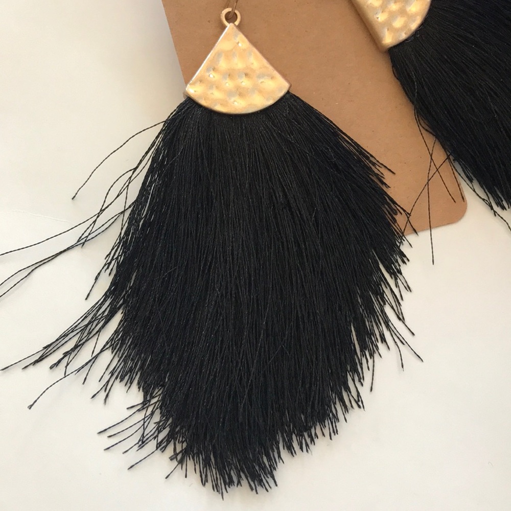 Black, Fringe Drop Dangle Earrings - Picture 2 of 5